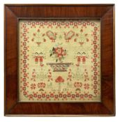 Victorian sampler, by Sarah Ellis, worked with central urn of flowers, surrounded by various motifs