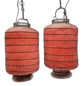 Large pair Chinese style late 20th century ceiling lanterns, cylindrical metal wirework and red pape