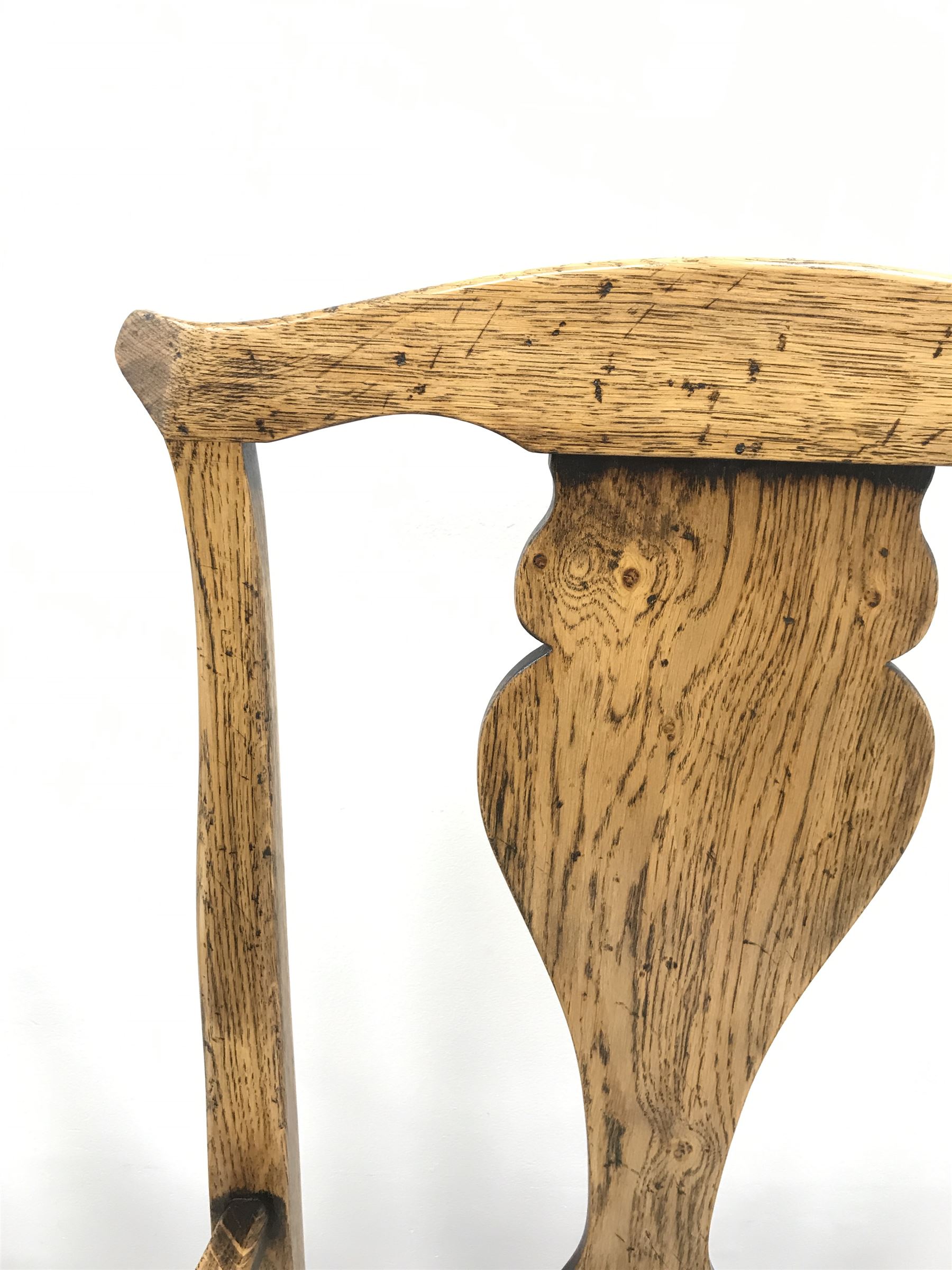 Set eight Georgian style distressed light oak chairs with upholstered removable seat pads, two carve - Image 3 of 5