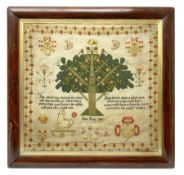 Victorian sampler, by Jane Kay, dated 1897, worked with with central fruiting tree surmounted by two