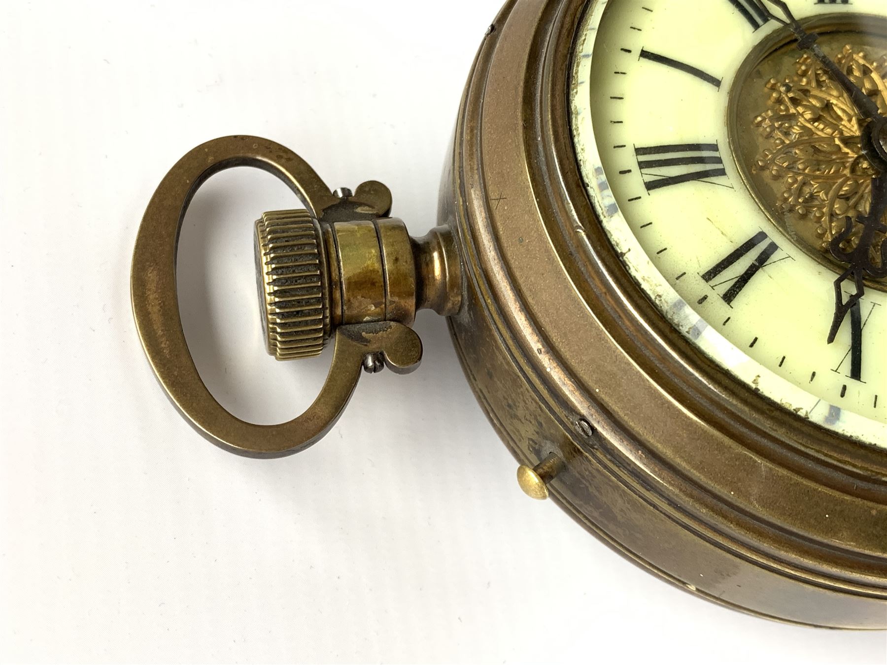 Late 19th century brass cased oversized pocket watch timepiece clock, circular enamel Roman chapter - Image 4 of 6