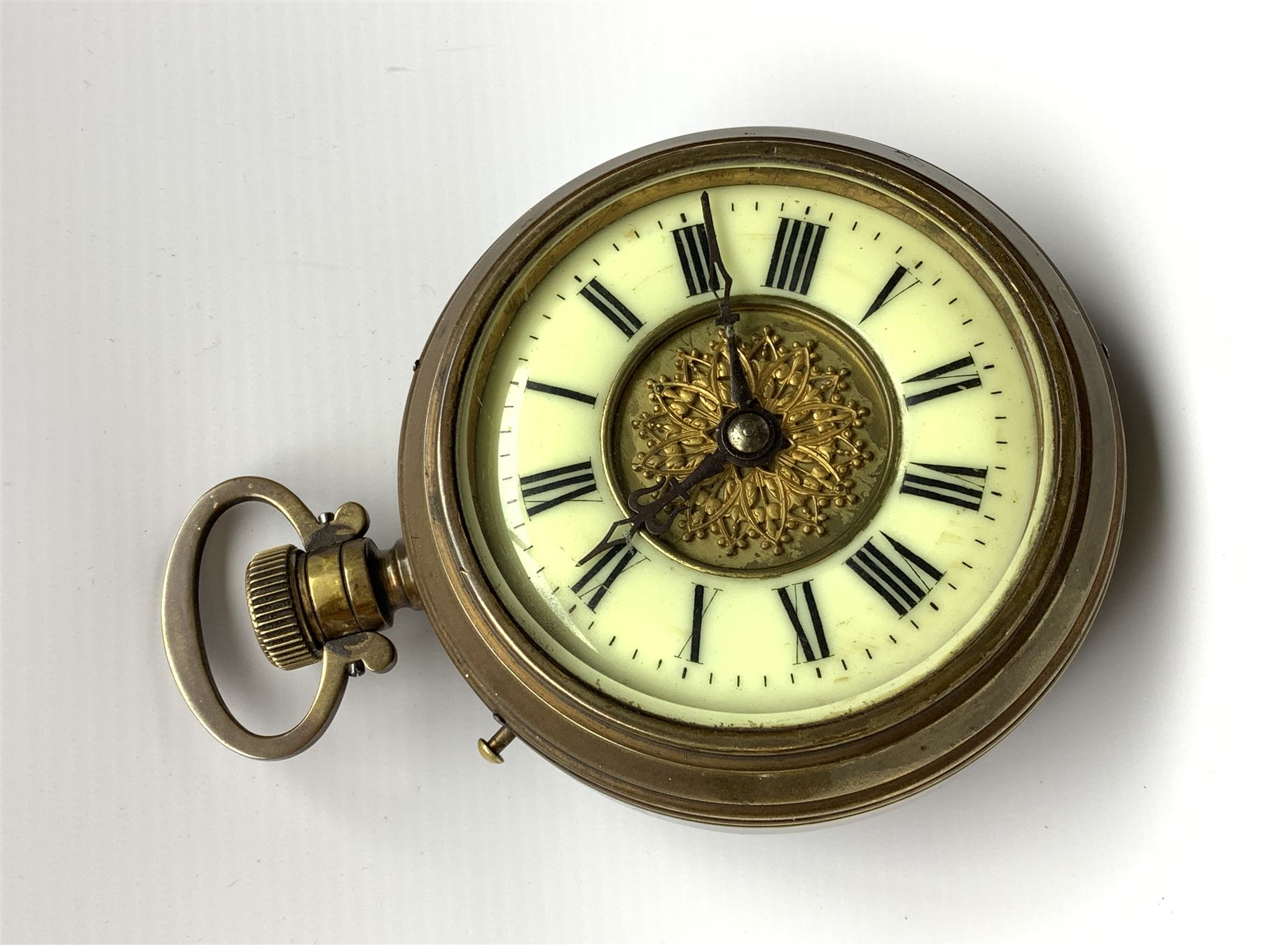 Late 19th century brass cased oversized pocket watch timepiece clock, circular enamel Roman chapter - Image 2 of 6