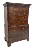 George III Hepplewhite period mahogany chest on chest, projecting dentil cornice over vertical flute