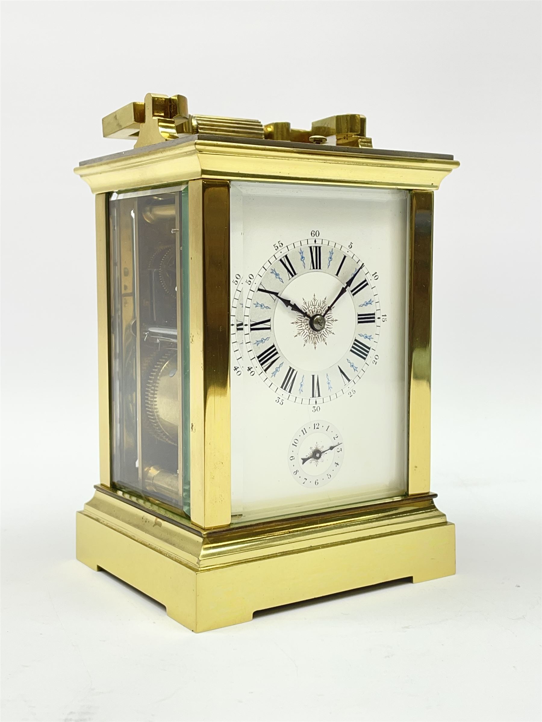 Early 20th century brass and bevelled glass repeater carriage clock with alarm - Image 2 of 9