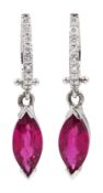 Pair of marquise ruby and diamond pendant stud earrings