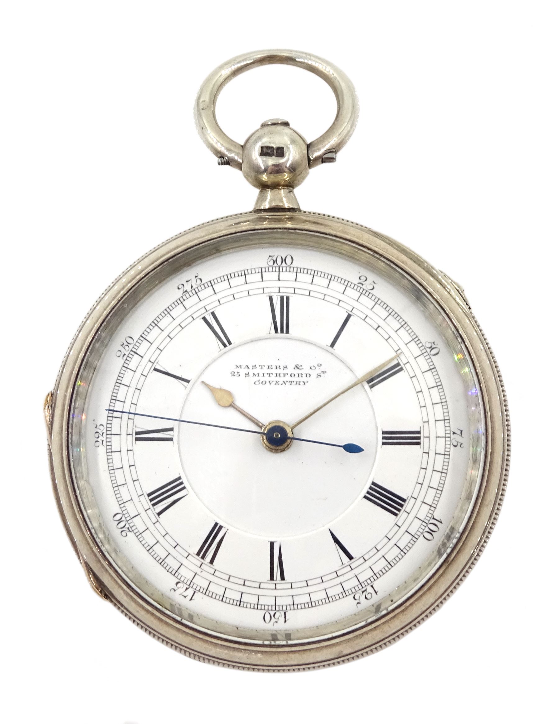 Victorian silver centre seconds key wound chronograph pocket watch by Masters & Co