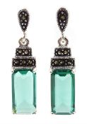 Pair of silver green stone and marcasite stepped pendant stud earrings