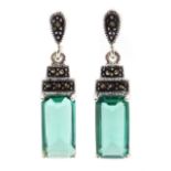 Pair of silver green stone and marcasite stepped pendant stud earrings