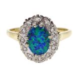 9ct gold opal and diamond cluster ring, hallmarked