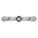 Art Deco platinum diamond and vari-cut synthetic sapphire bar open work brooch