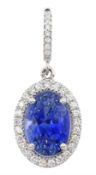 18ct white gold oval Ceylon sapphire and diamond pendant