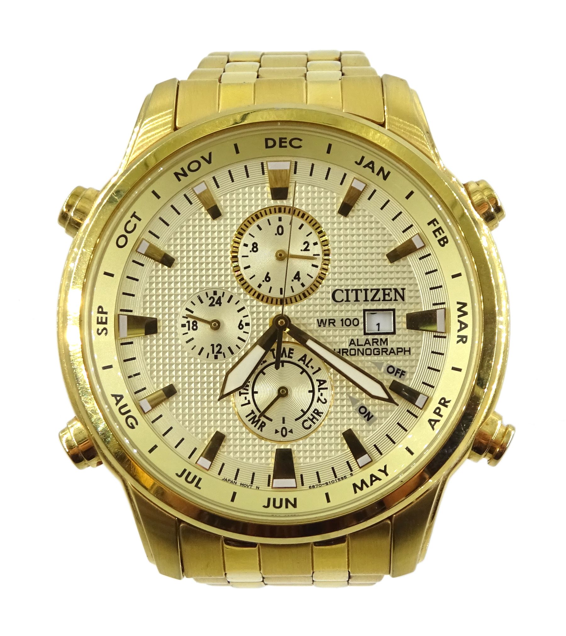 Citizen Alarm Chronograph gentleman's gold-plated bracelet wristwatch