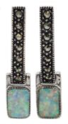 Pair of silver opal and marcasite pendant stud earrings