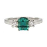 Platinum three stone fine emerald and diamond ring