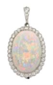 Early-mid 20th century platinum opal and diamond cluster pendant/brooch