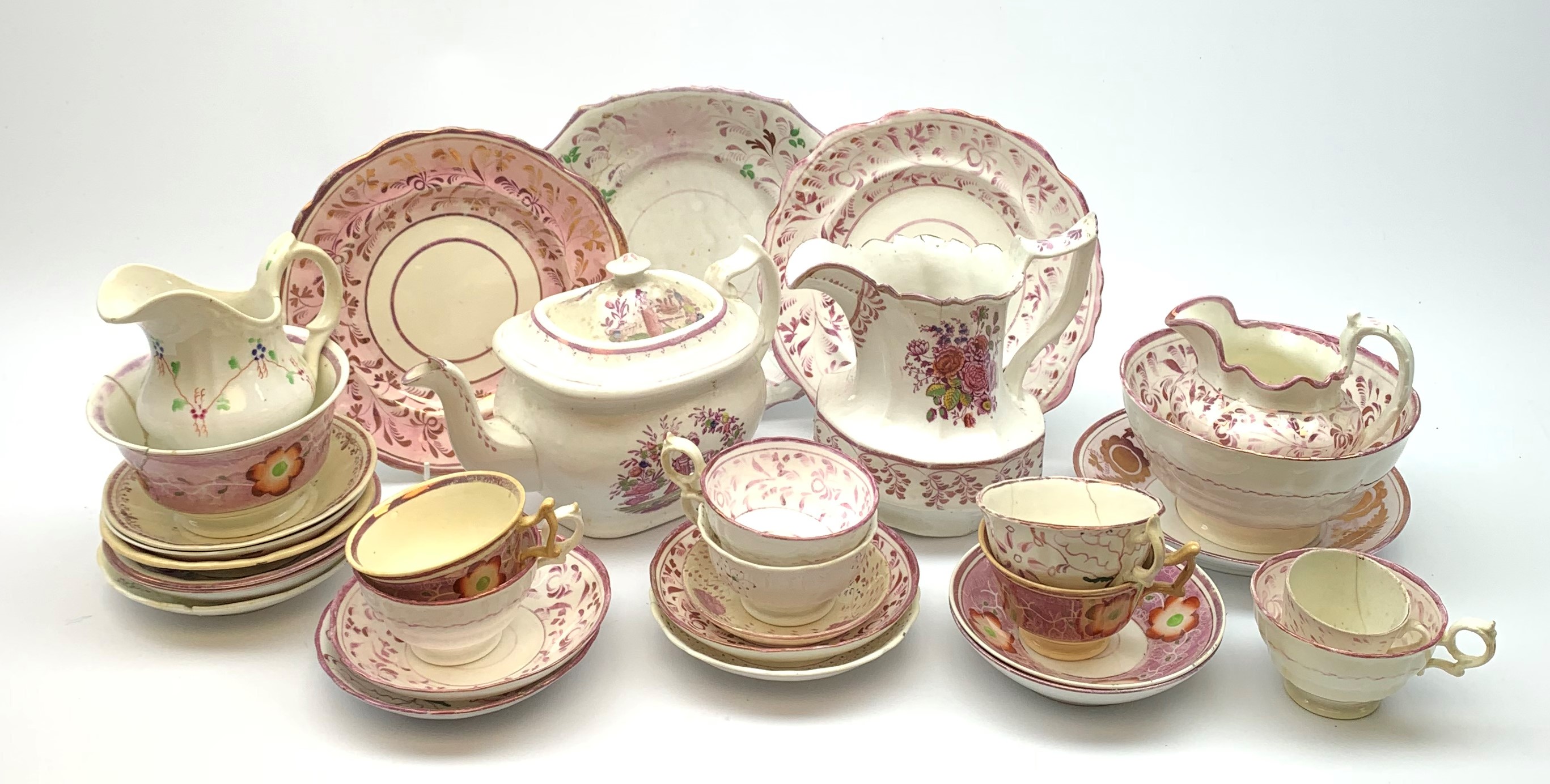 A quantity of assorted 19th century pink lustre teawares