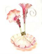 A Victorian cranberry and Vaseline glass epergne