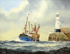 Jack Rigg (British 1927-): Trawler Rounding the Lighthouse