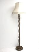 20th century oak barley twist standard lamp with shade, H145cm (measurement excluding shade and fitt