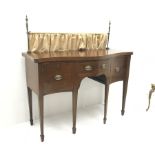 Edwardian mahogany sideboard, raised back rail with turned finals above serpentine top with box wood