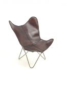 Butterfly chair, gold painted metal frame, dark tan leather slung seat