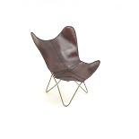 Butterfly chair, gold painted metal frame, dark tan leather slung seat