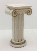 Classical ionic wooden column stand, distressed paint finish with gilt detail, 31cm x 29cm, H64cm