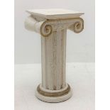 Classical ionic wooden column stand, distressed paint finish with gilt detail, 31cm x 29cm, H64cm
