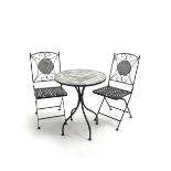 Circular garden bistro table (D60cm, H71cm), and two matching chairs (W38cm)