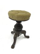 Victorian mahogany swivel piano stool, turned column, acanthus carves cabriole legs, H51cm