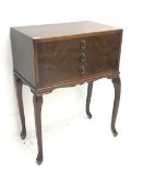 20th century canteen in mahogany cabinet, three drawers, on angular cabriole supports, W60cm, H79c