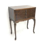 20th century canteen in mahogany cabinet, three drawers, on angular cabriole supports, W60cm, H79c