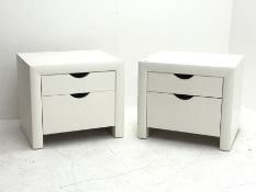 Pair white finish two drawer bedside chests, W50cm, H43cm, D42cm