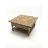 Teak and tile inset square coffee table, six drawers, baluster supports joined by undertier