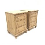 Pair solid pine bedside chests, three drawers, turned supports, W49cm, H67cm, D43cm