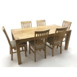 Light oak rectangular dining table, square supports (W182cm, H78cm, D91cm) and set six chairs, uphol