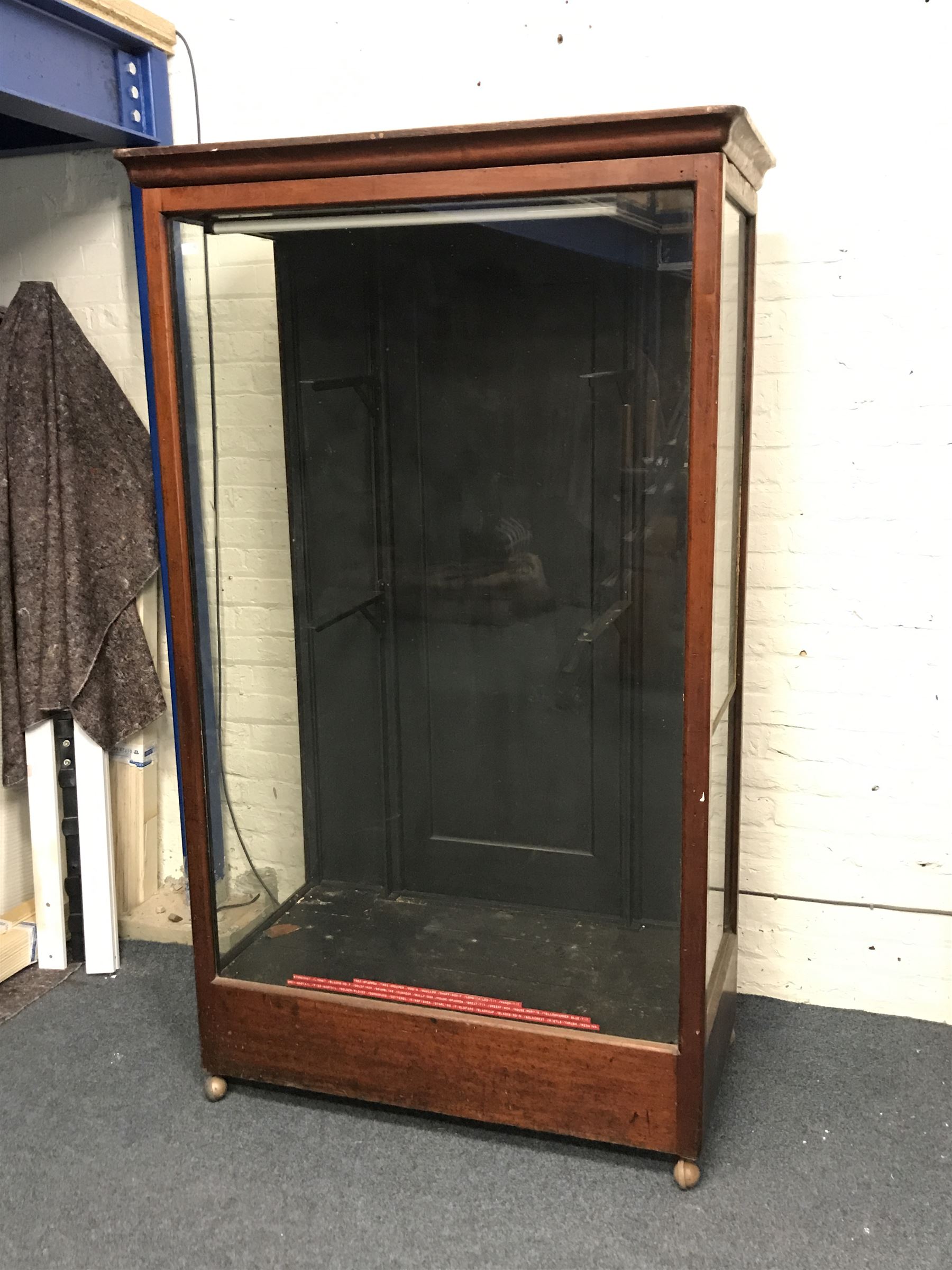 Large early 20th century mahogany framed glazed display, projecting cornice, single door, W132cm, H2 - Image 2 of 2