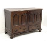 18th century oak mule chest, moulded rectangular hinged top enclosing hinged candle box, four fielde