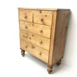 Victorian pine chest, two short and three long drawers, turned supports, W110cm, H133cm, D51cm