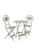Wrought metal green finish oval garden table (W72cm, H75cm, D54cm) and two matching folding chairs (