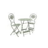 Wrought metal green finish oval garden table (W72cm, H75cm, D54cm) and two matching folding chairs (