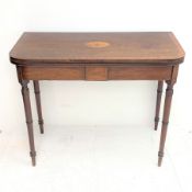 Georgian mahogany tea table, rounded rectangular fold over top with fan inlay, frieze inlaid with ge