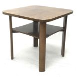 Art Deco period walnut centre table, square top with rounded corners and segmented block veneers, cu