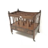 20th century mahogany Canterbury magazine rack, single drawer, turned supports, W56cm, H53cm, D35cm