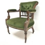 Late Victorian walnut framed tub shaped armchair, upholstered back seat and arms, gallery splat, tur