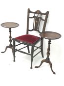 Edwardian mahogany inlaid bedroom chair (W40cm) and two mahogany wine tables (3)