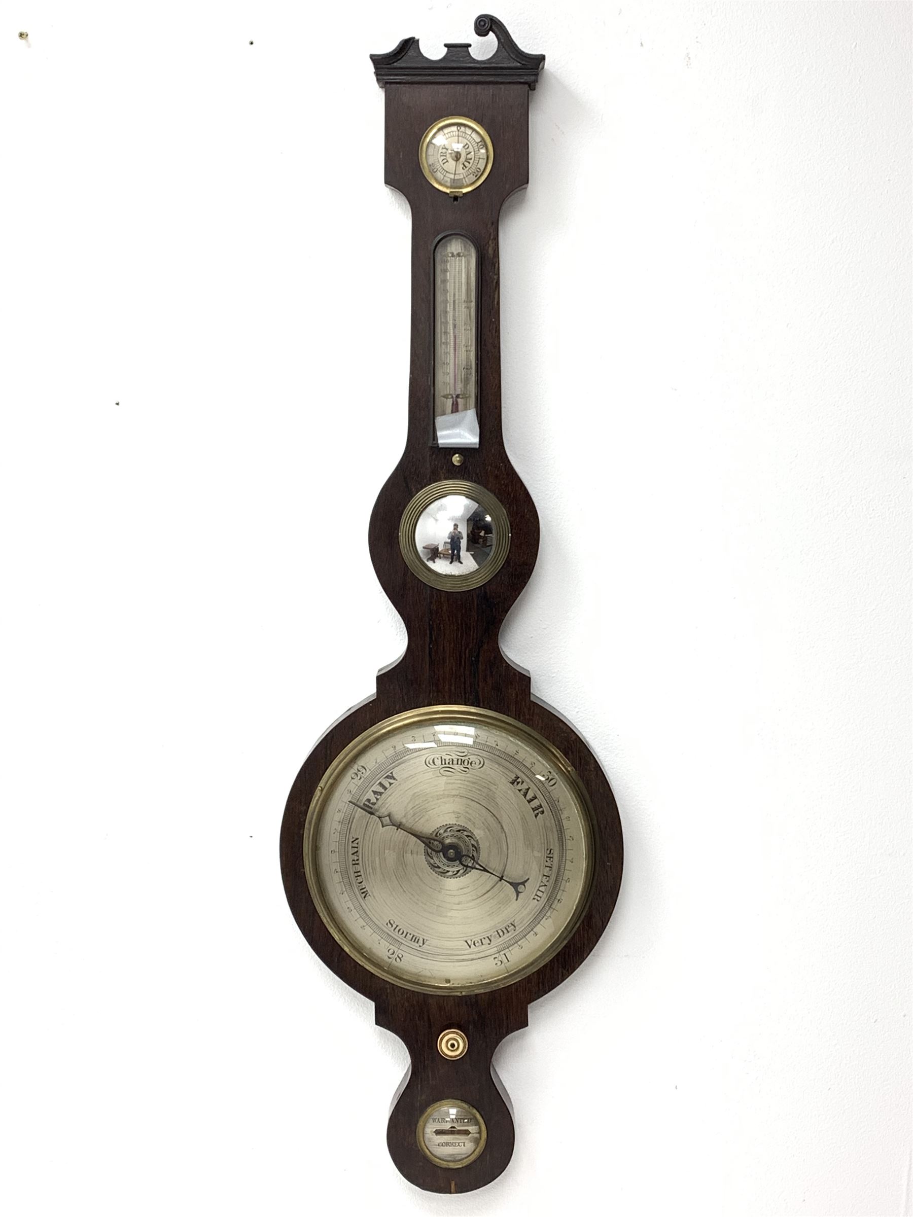 Early 19th century rosewood five dial banjo barometer, swan neck pediment, circular silvered dial wi