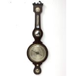 Early 19th century rosewood five dial banjo barometer, swan neck pediment, circular silvered dial wi