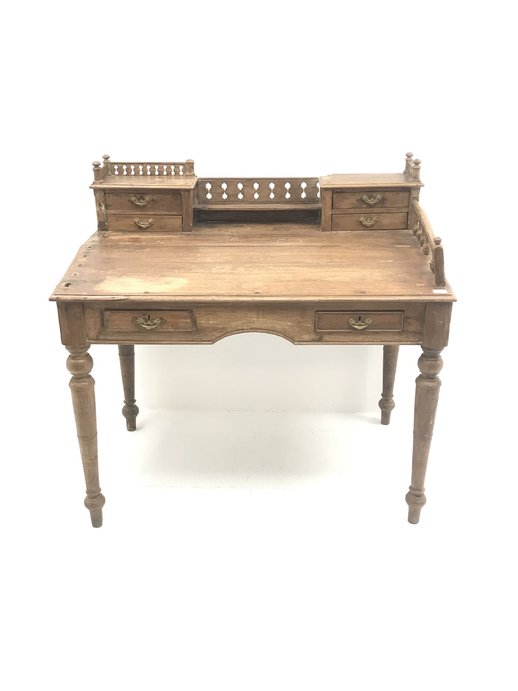 Eastern hardwood clerks desk, raised back with pierced gallery, four small drawers above sloping fro - Image 2 of 4