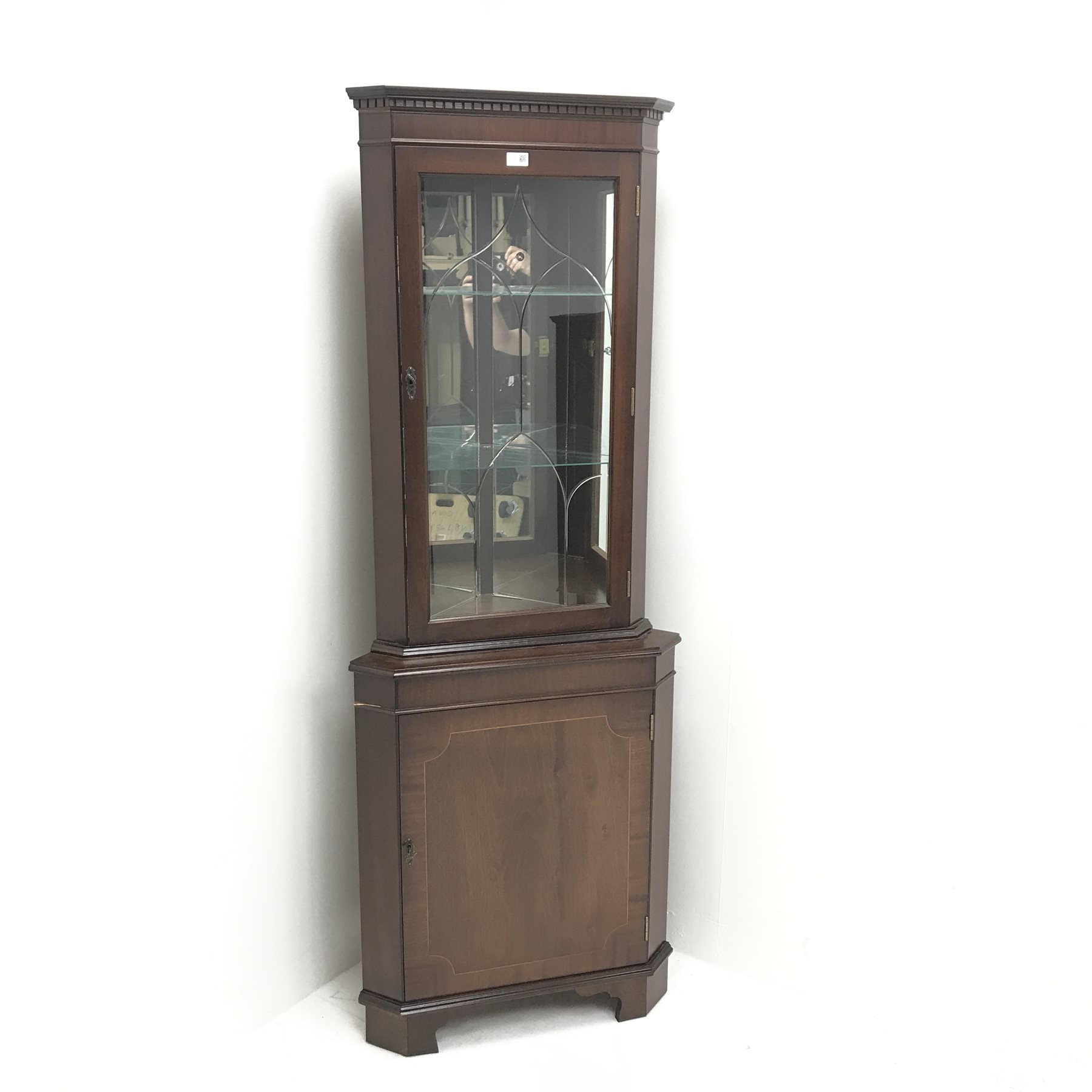 20th century mahogany corner display cabinet, single glazed door enclosing two shelves above single - Image 2 of 3